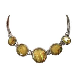 Tint Abalone Shell Resin Silver Tone Snake Chain 18in Choker Necklace VTG Signed